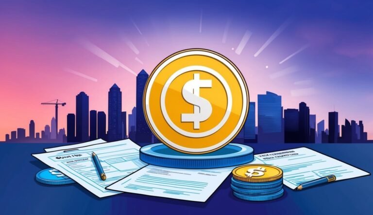 Large dollar coin on a pedestal with documents and city skyline