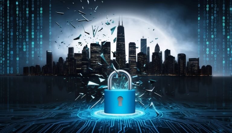 Blue padlock with shattered glass over a city skyline and binary code
