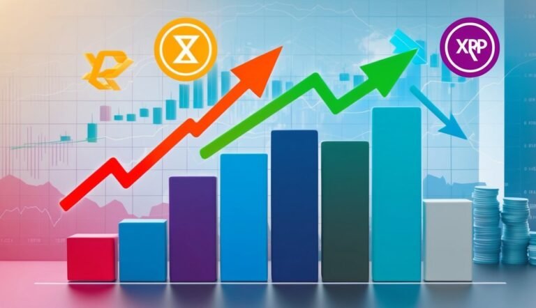 Cryptocurrency investment chart with rising arrows and bar graphs