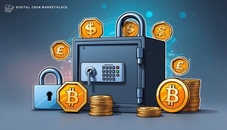 Safe with coins, Bitcoin, and padlock, symbolizing digital currency security