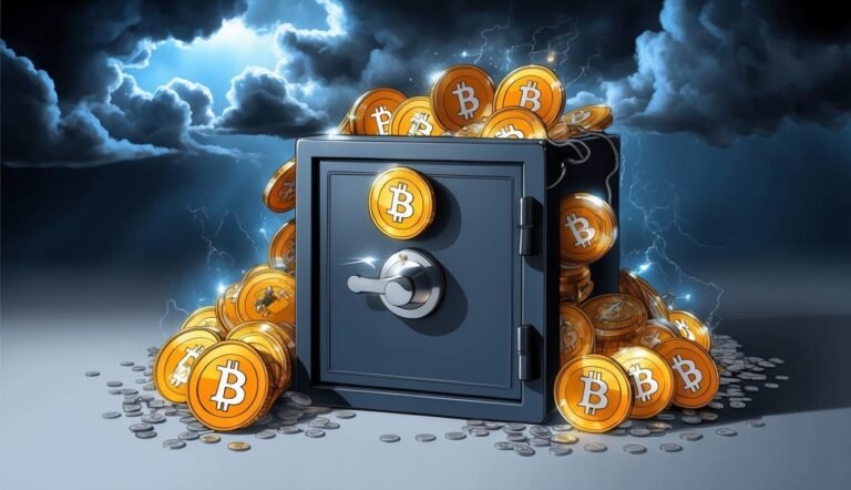 A safe overflowing with Bitcoin coins under a stormy sky with lightning