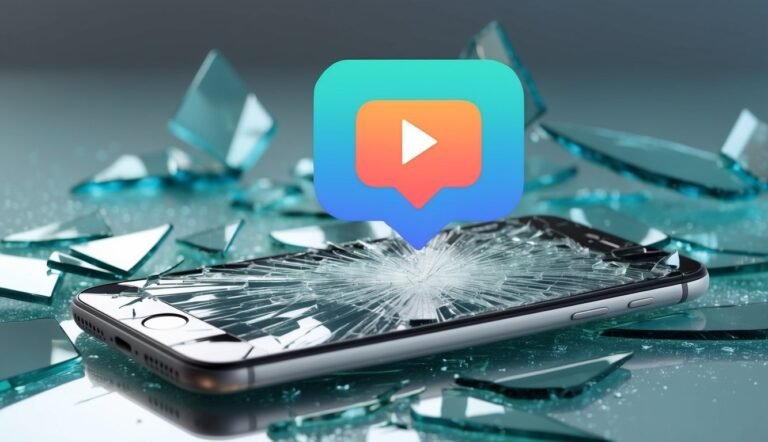 Cracked phone screen with video icon and shattered glass