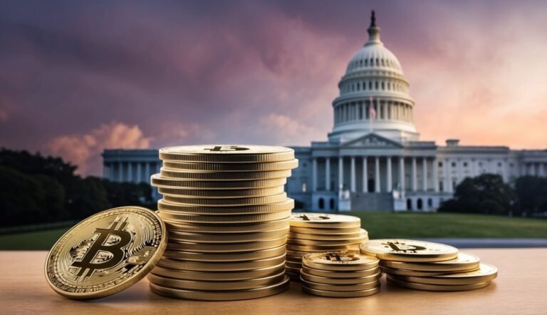 Stacks of Bitcoin coins in front of the U.S. Capitol building