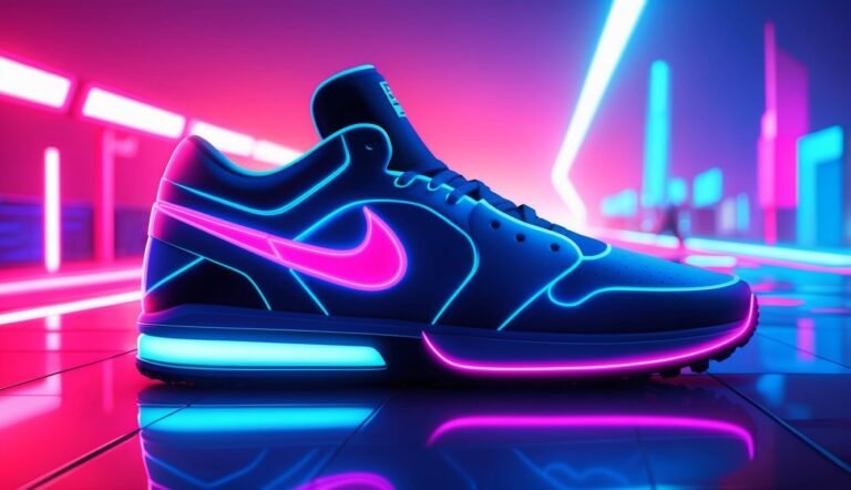 Neon-lit Nike sneaker in a futuristic, vibrant pink and blue environment