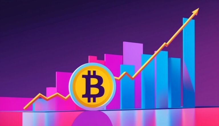Bitcoin symbol with rising graph and arrow, representing growth