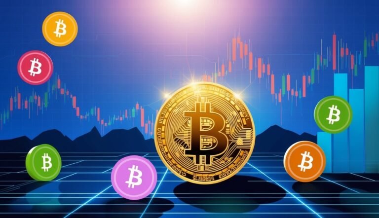 Bitcoin coins with a stock chart background, representing cryptocurrency