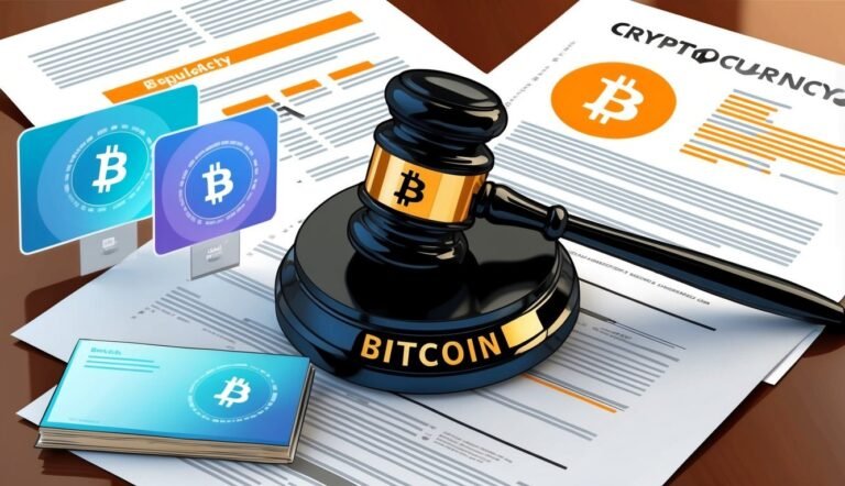 Bitcoin gavel on documents with cryptocurrency symbols and charts