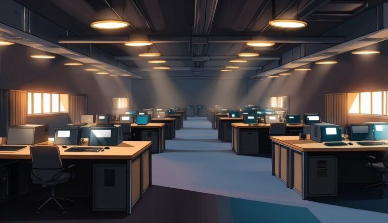 An empty office with rows of computers on desks, lit by overhead lights