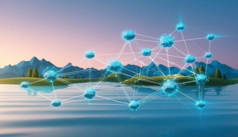 Abstract network of glowing blue spheres over a lake and mountains