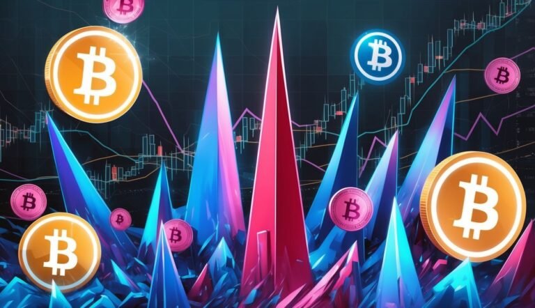 Bitcoin coins floating over abstract, colorful, and geometric financial charts