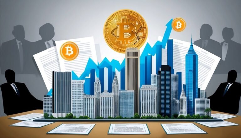 Bitcoin, skyscrapers, and business people with rising graph, representing financial growth