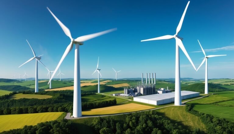 Wind turbines and a power plant in a green, sunny landscape