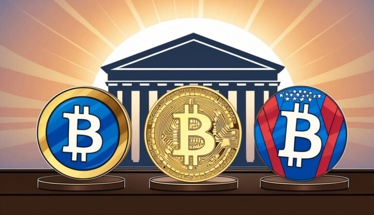 Three Bitcoin coins in front of a government building illustration
