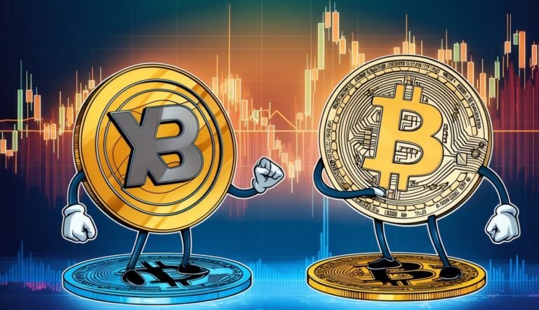 Two cartoon Bitcoin coins with arms and legs, against a stock chart
