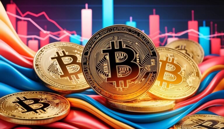 Bitcoin coins with a stock market chart background and colorful ribbons