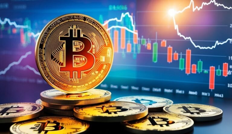 Bitcoin coins stacked with a stock market graph in the background