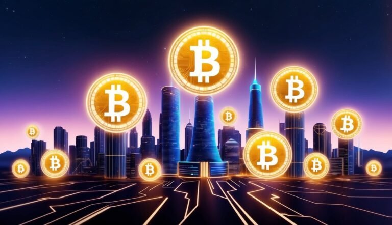 Bitcoin coins floating above a futuristic city skyline at night