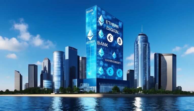 Cityscape with Ethereum Digital Bank skyscraper, cryptocurrency symbols, and water