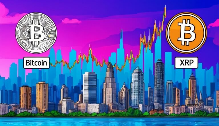 Bitcoin and XRP cryptocurrency symbols over a cityscape with a graph