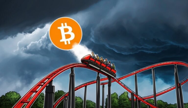 Bitcoin roller coaster with passengers under a stormy sky