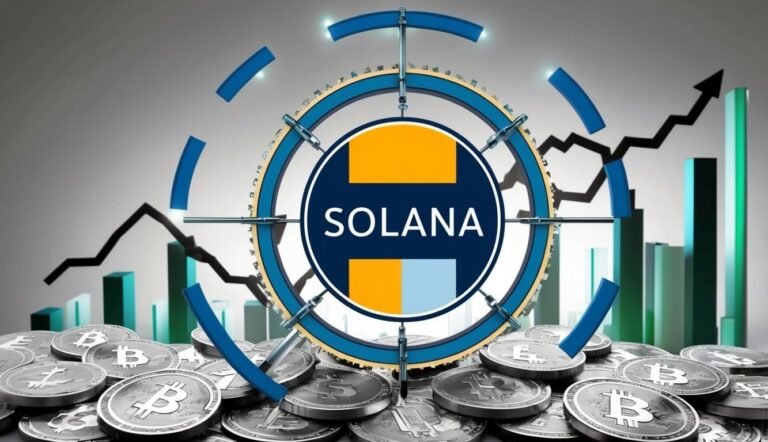 Solana logo with Bitcoin coins, charts, and an upward trend arrow