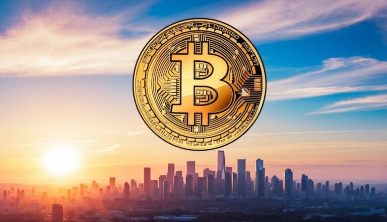 Large golden Bitcoin coin floating over a city skyline at sunset