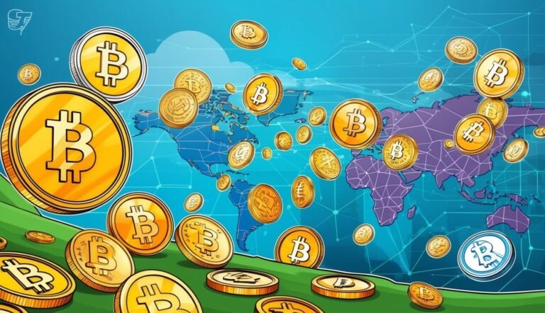 Bitcoin coins floating over a world map, representing global cryptocurrency