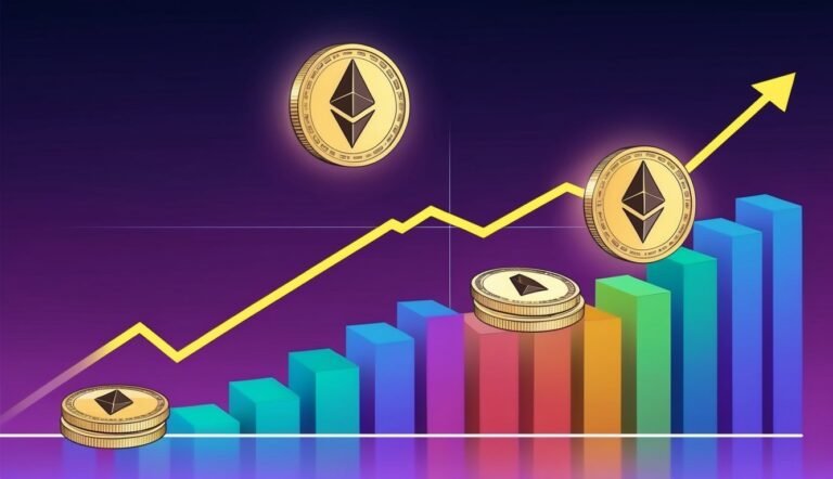 Ethereum cryptocurrency coins with a rising graph and bar chart