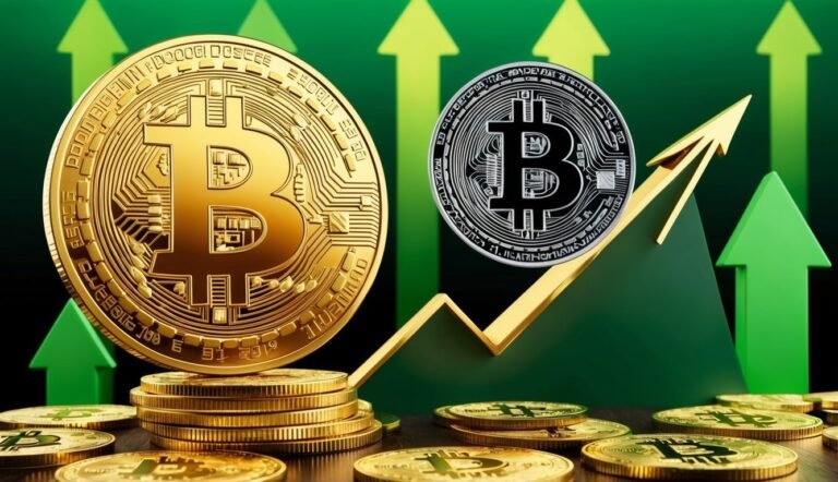 Bitcoin coins with rising arrow, symbolizing growth and investment