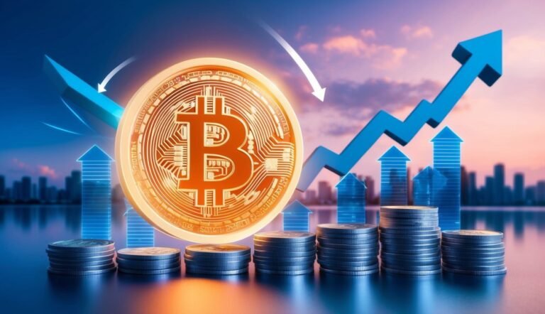 Bitcoin coin with upward trend arrows and stacks of coins