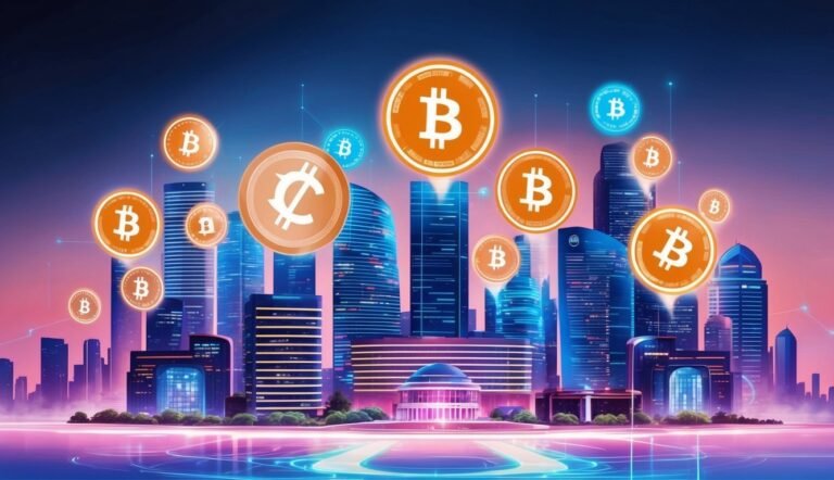 Bitcoin coins floating above a futuristic cityscape with tall buildings