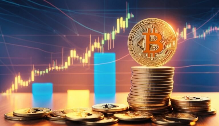 Bitcoin coin stack with a rising stock chart in the background