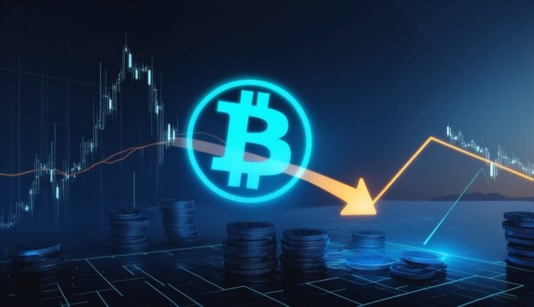 Bitcoin logo with downward arrow, stock chart, and stacks of coins