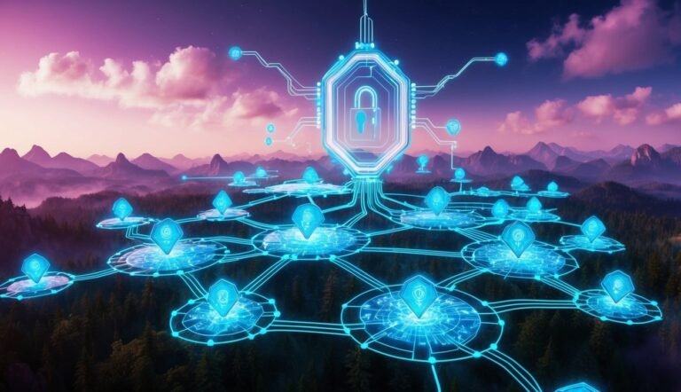 Cybersecurity network with a lock icon over a forest landscape