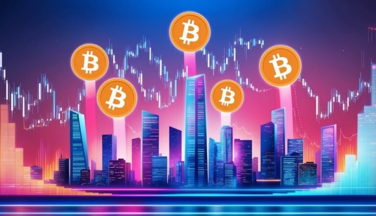 Bitcoin coins above a cityscape with stock market graphs in background