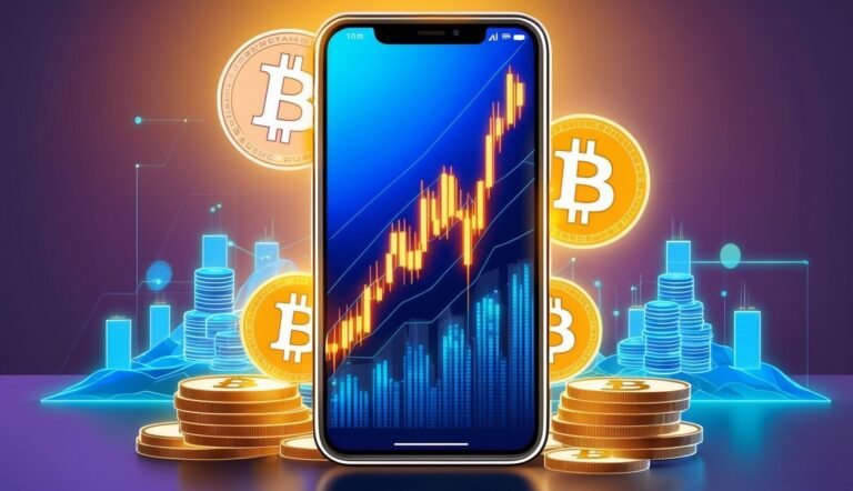 Smartphone with Bitcoin graph and coins, representing cryptocurrency growth