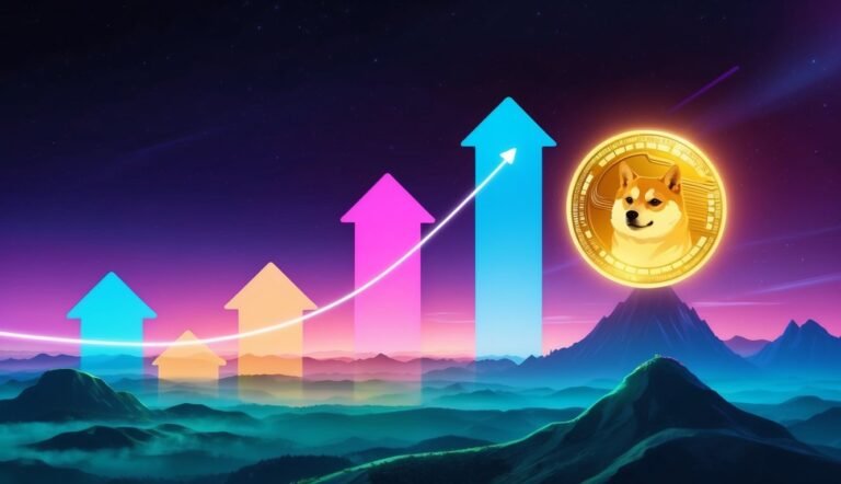 Dogecoin coin with rising graph arrows over a mountain landscape