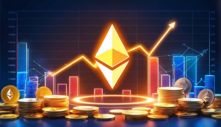 Ethereum cryptocurrency graph with rising trend, coins, and glowing Ethereum logo