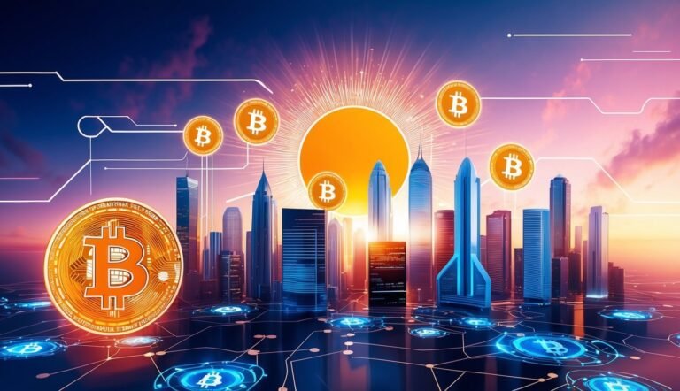 Bitcoin cityscape with digital network, sun, and Bitcoin symbols