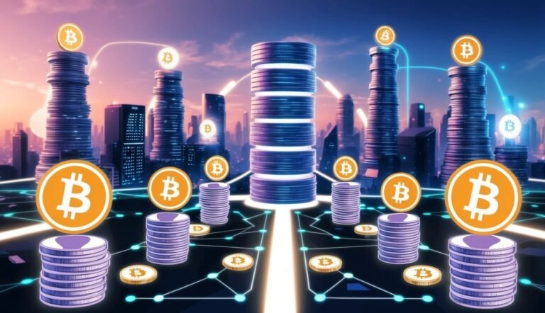 Bitcoin coins and stacks of coins forming a futuristic cityscape