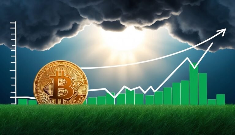 Bitcoin coin with a rising graph, green bars, and stormy sky