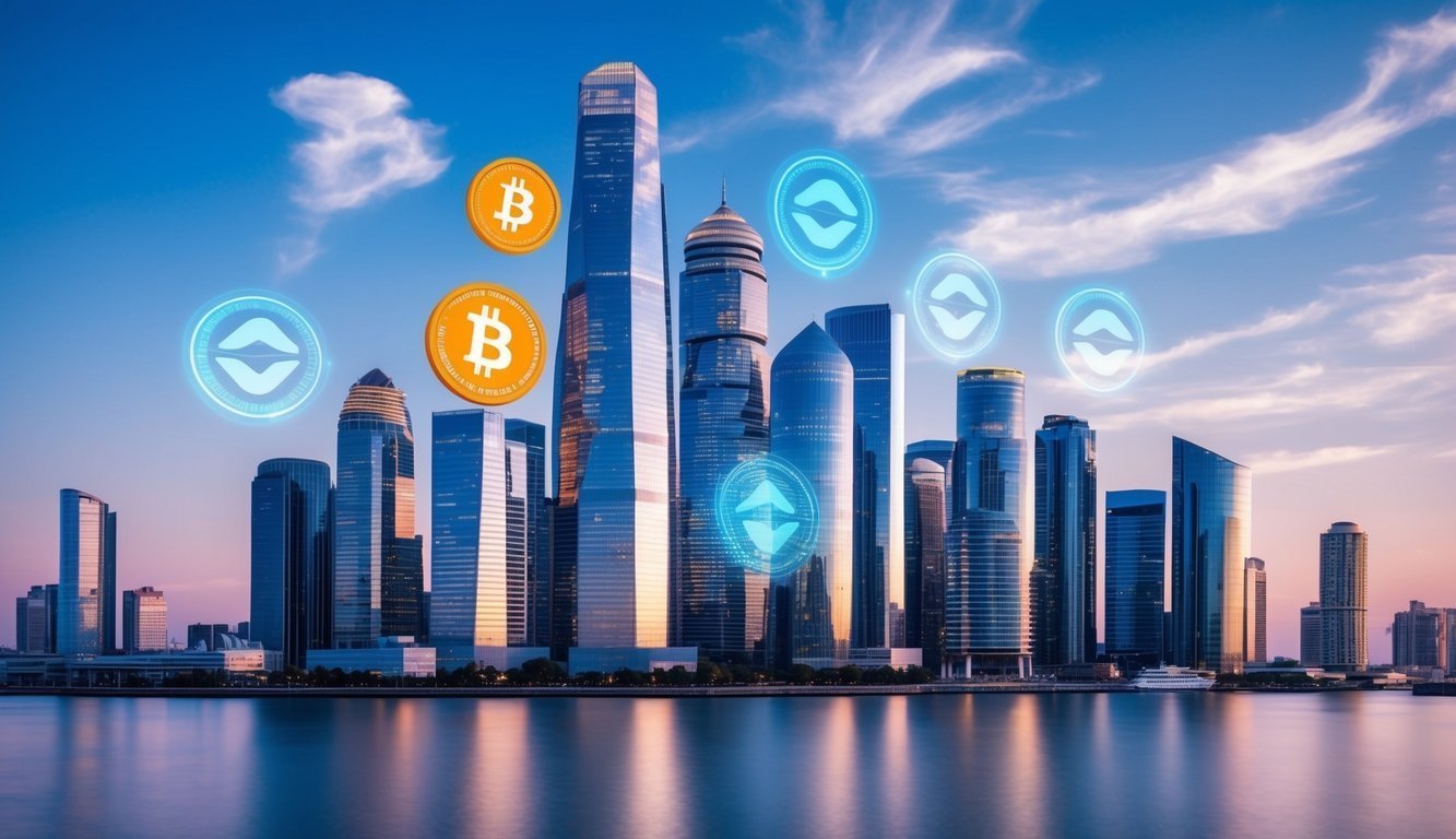 City skyline with Bitcoin and crypto symbols, reflecting in water