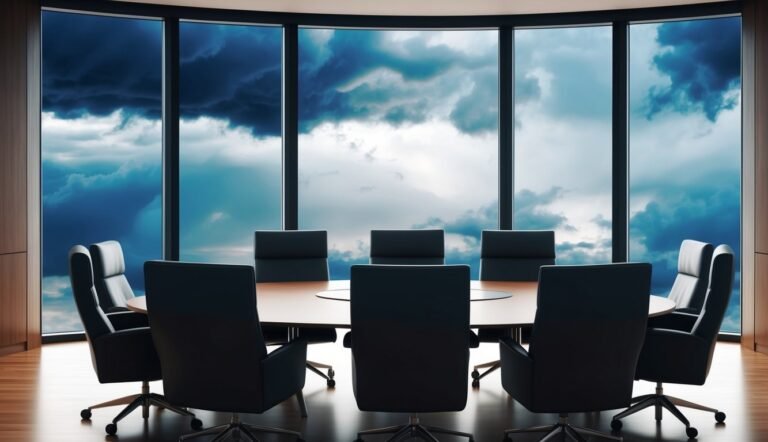 Conference room with a large window overlooking a stormy sky