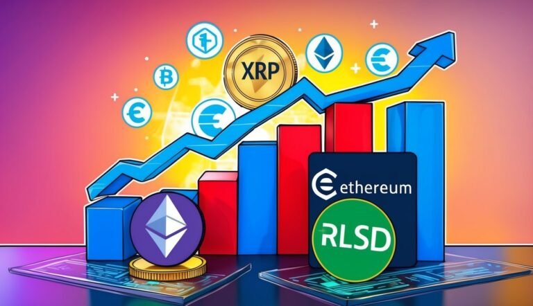 Cryptocurrency chart with rising blue arrow, XRP coin, and Ethereum logo