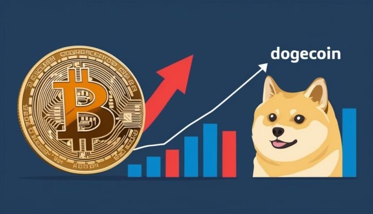 Bitcoin and Dogecoin with an upward trend graph and Shiba Inu