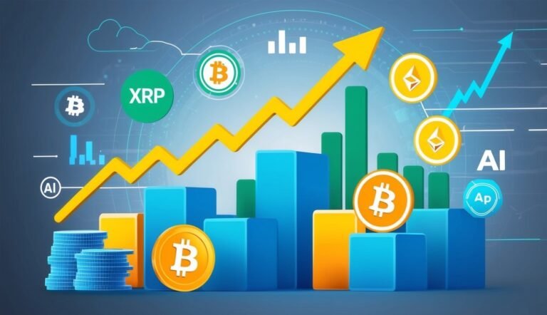 Cryptocurrency investment chart with Bitcoin, XRP, and Ethereum symbols, and rising arrow
