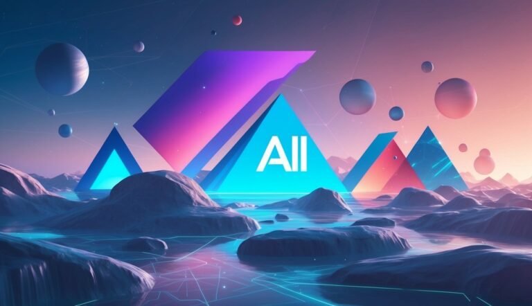 Abstract landscape with geometric shapes, planets, and "AI" text