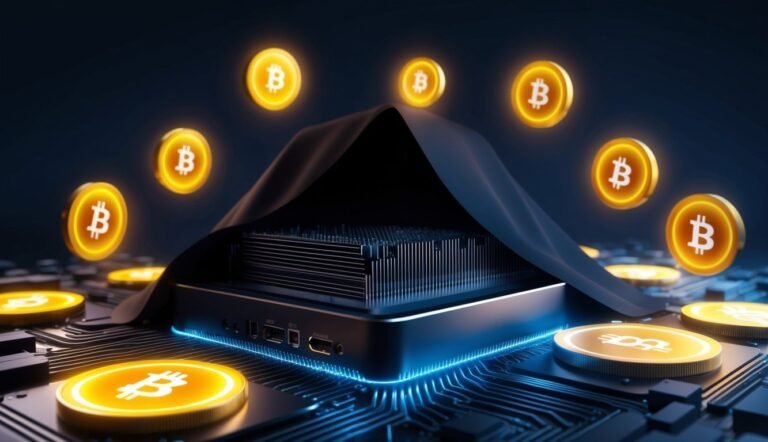 Bitcoin coins surround a computer server, representing cryptocurrency mining