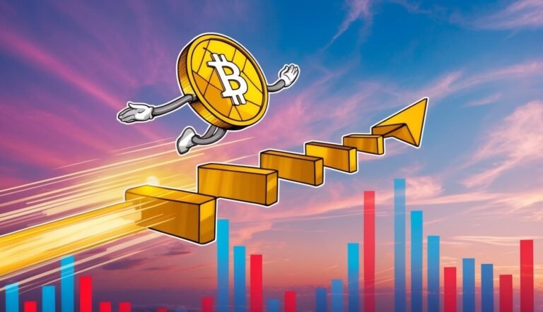 Bitcoin character climbing a golden arrow staircase, with rising bar graph