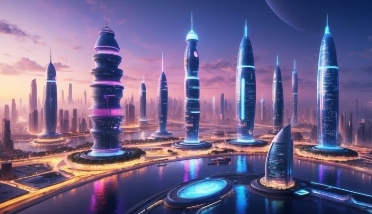 Futuristic city skyline with glowing skyscrapers and a river at dusk